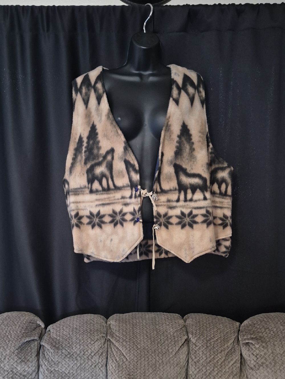 Vintage-Inspired Tan & Black Mountain Wolf Fleece Vest Handmade